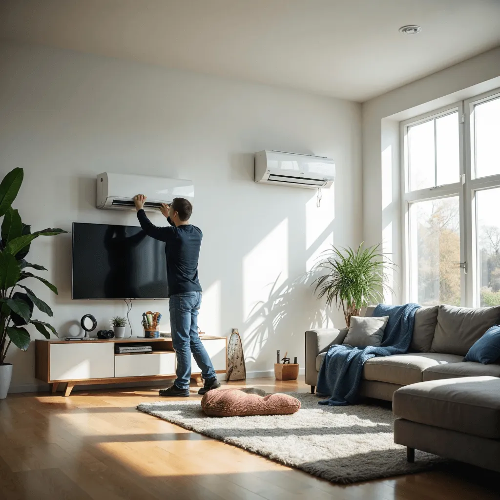 Man fixing air conditioner in modern living room.