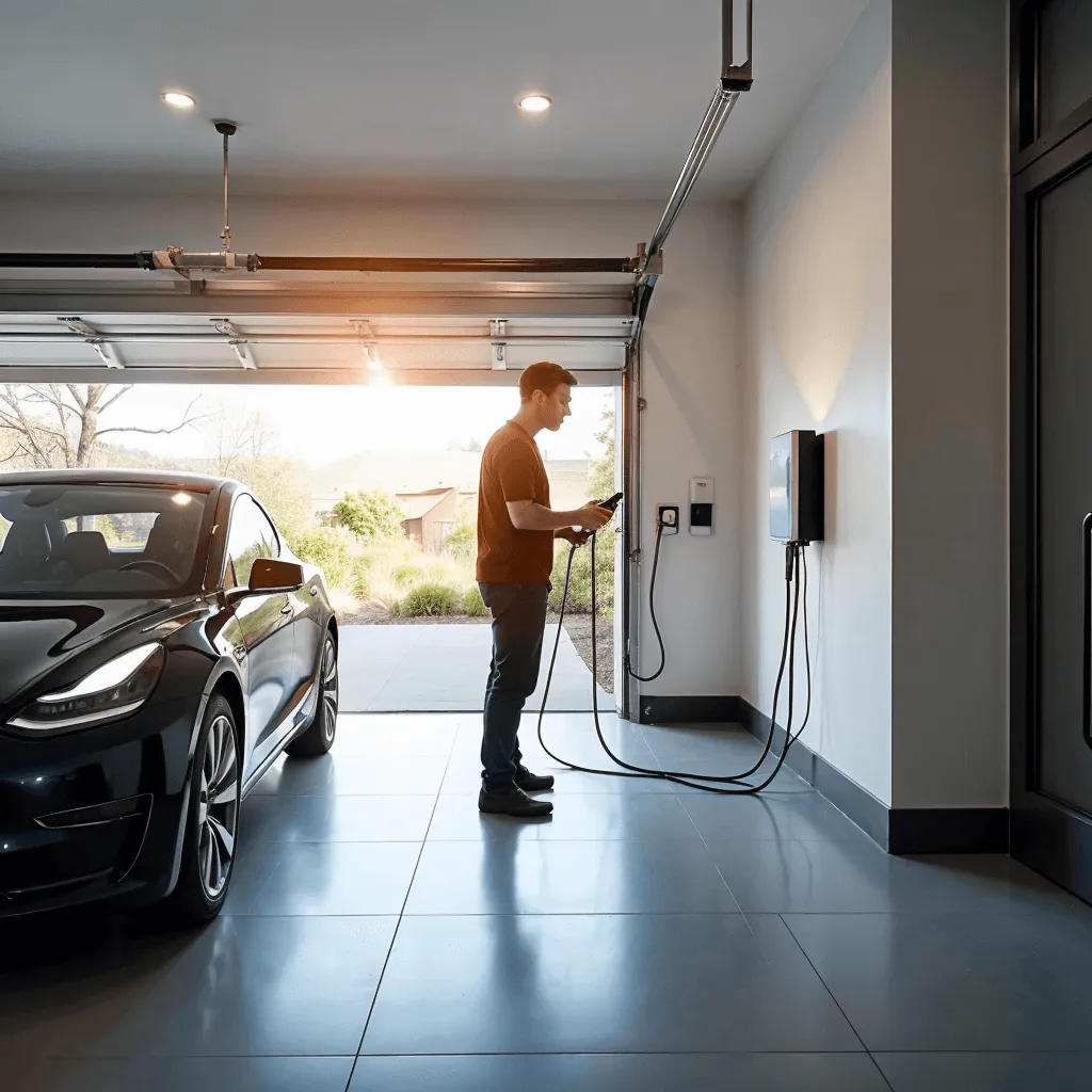 Man charging electric car in garage